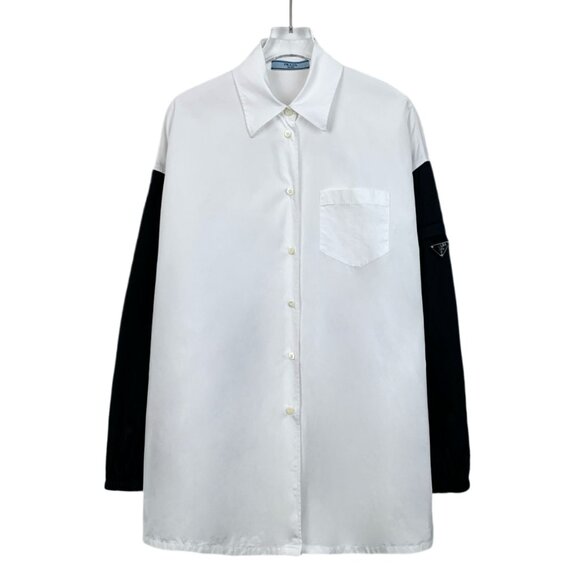 Prada Two-Tone Button-Up Shirt White & Black Long Sleeve Cotton & Nylon - Picture 1 of 8